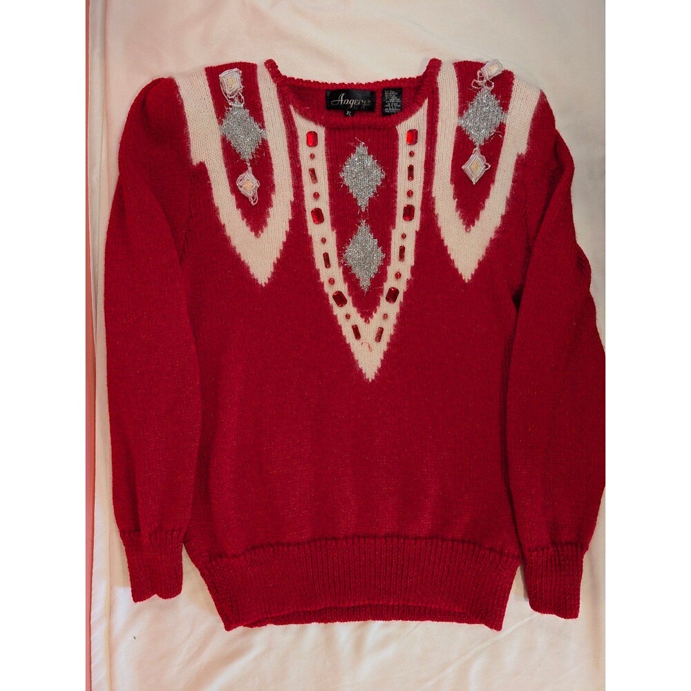 Women's Vintage Angenie Crewneck Embellished Wool Blend Sweater MCM Red L/XL - Picture 4 of 8